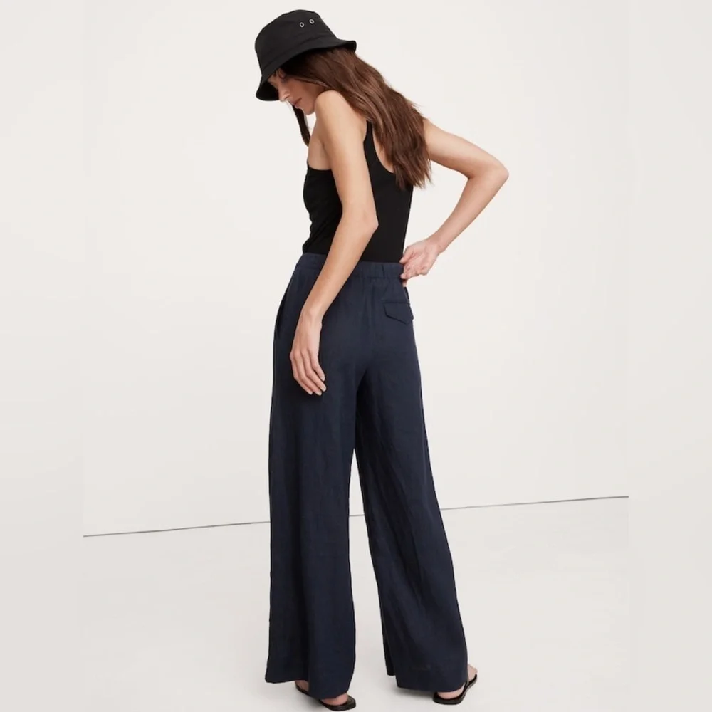 NWT Banana Republic High Rise Wide Leg Linen Pull on Navy Pant Size Small Tall